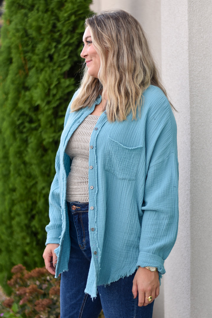 Gauze Button Up Fray Hem Top