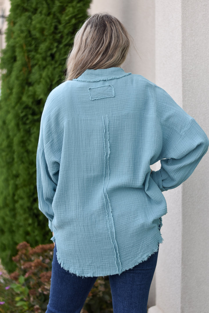 Gauze Button Up Fray Hem Top