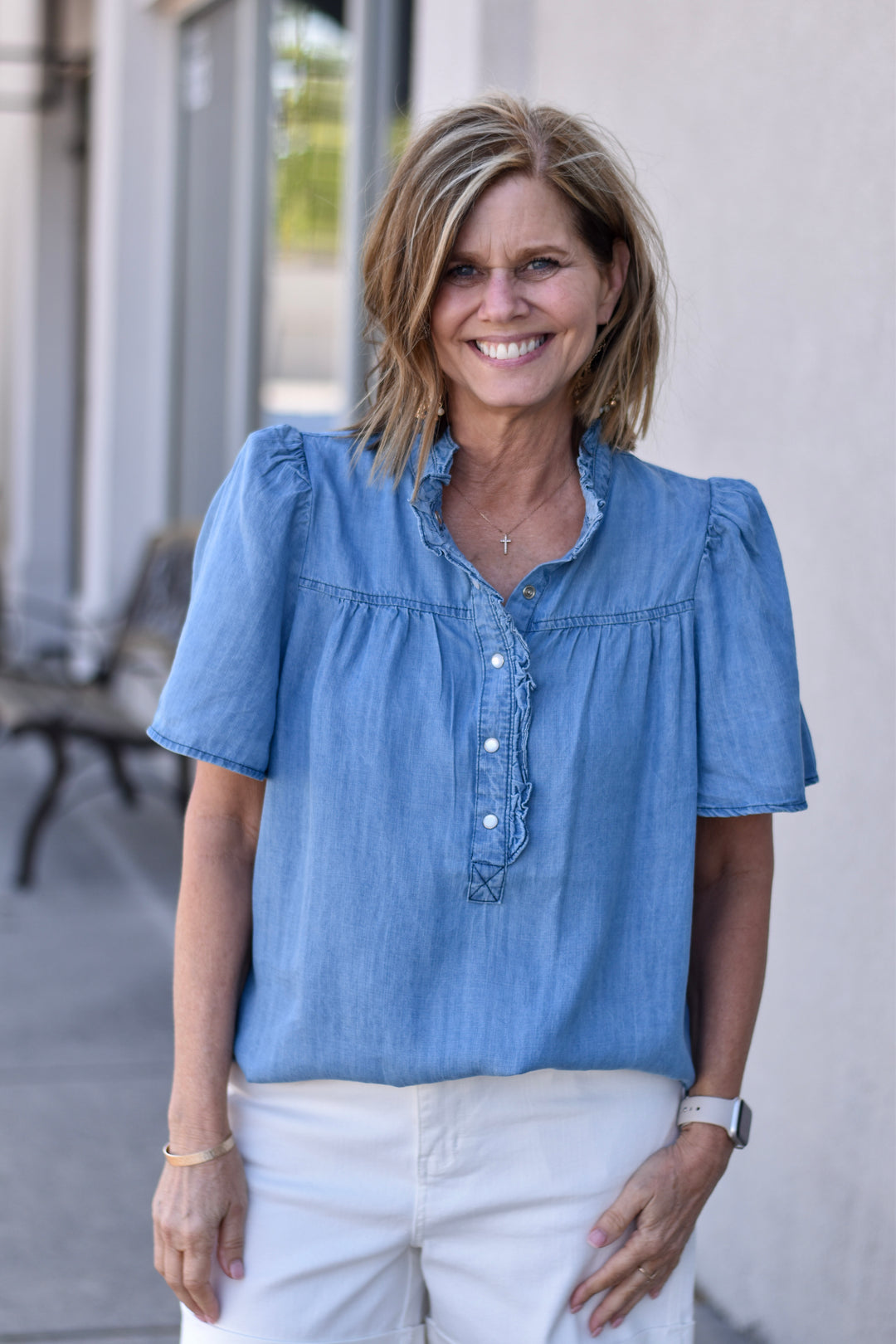 Sienna Ruffle Chambray Top