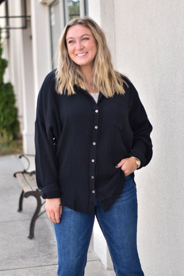 Gauze Button Up Fray Hem Top