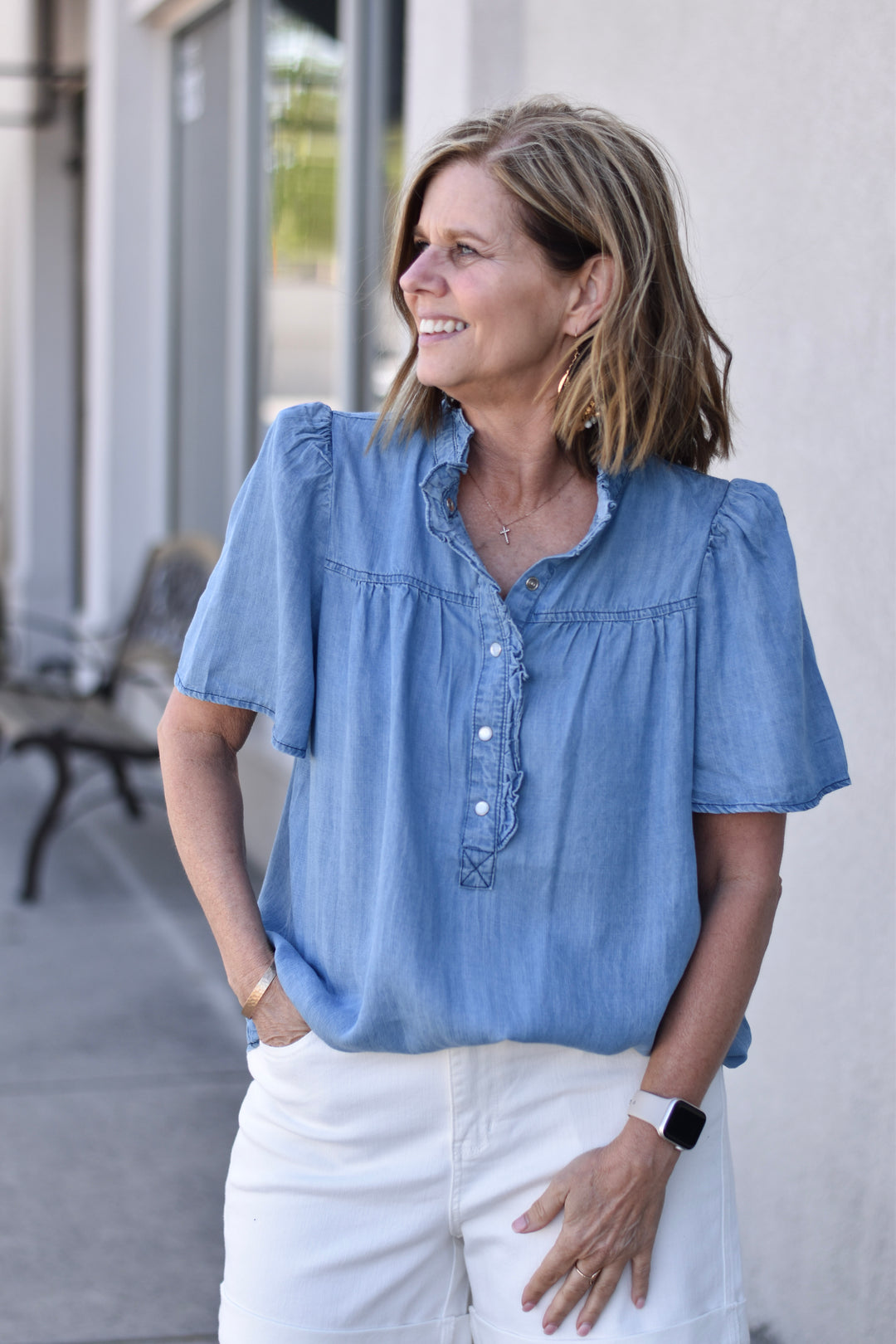 Sienna Ruffle Chambray Top