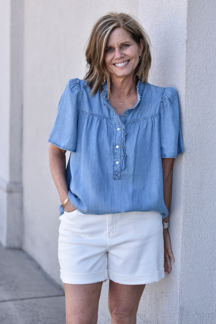 Sienna Ruffle Chambray Top