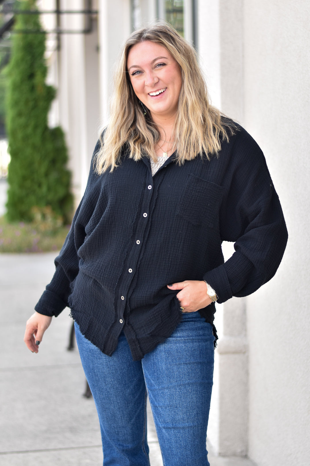 Gauze Button Up Fray Hem Top