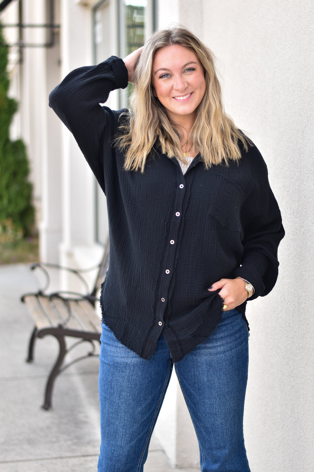 Gauze Button Up Fray Hem Top