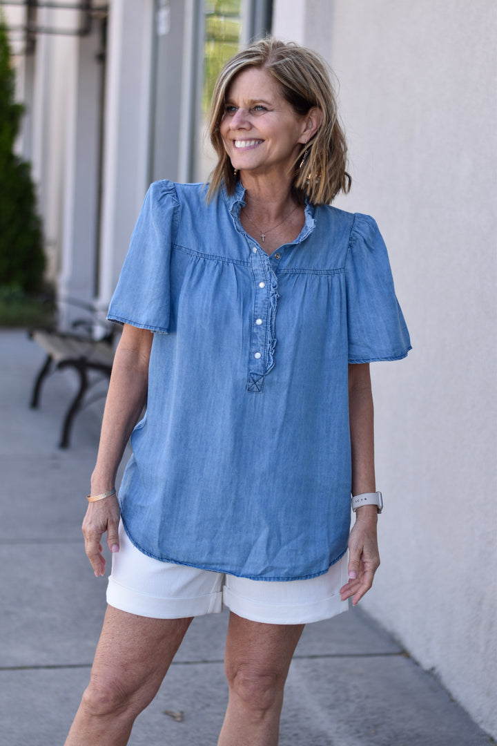 Sienna Ruffle Chambray Top