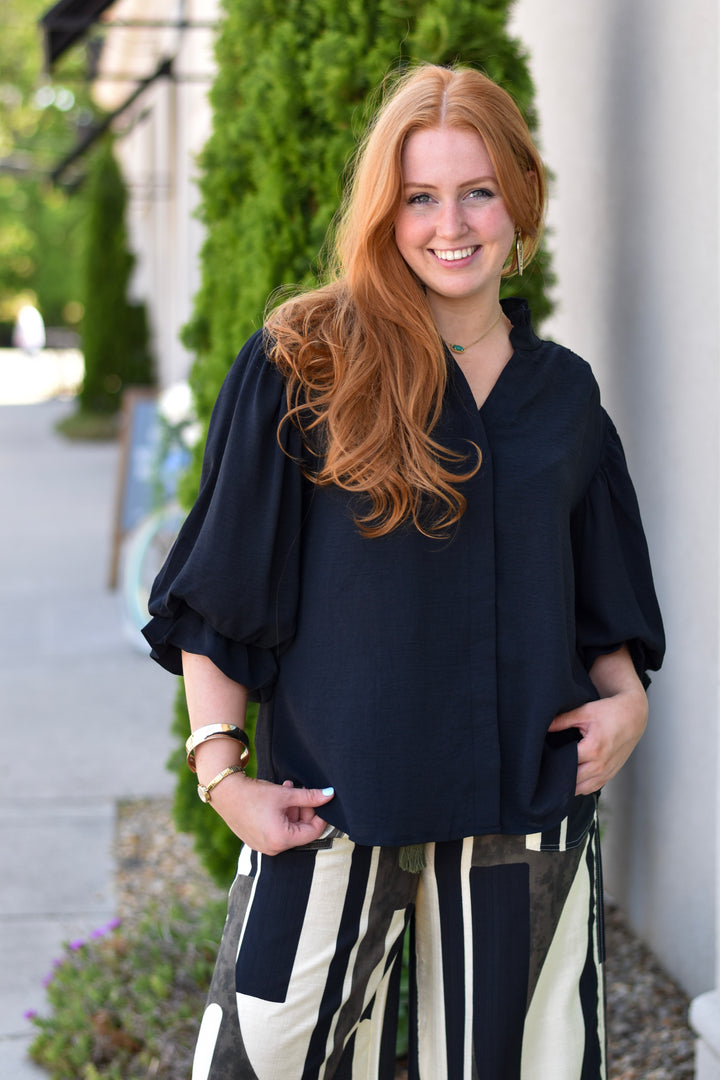 Midnight Ruffle Balloon Sleeve Blouse