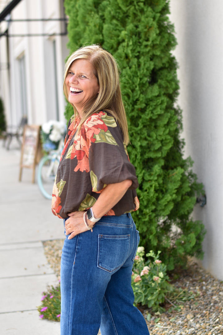 THML Floral Print Bubble Hem Top