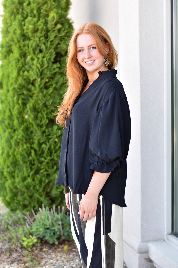 Midnight Ruffle Balloon Sleeve Blouse