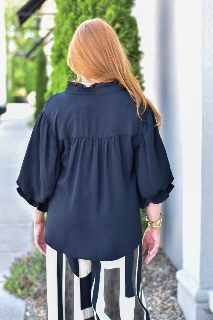 Midnight Ruffle Balloon Sleeve Blouse