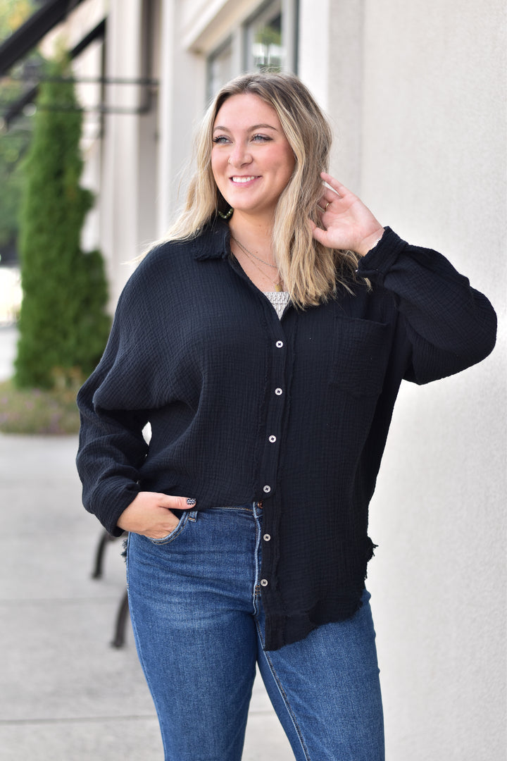 Gauze Button Up Fray Hem Top