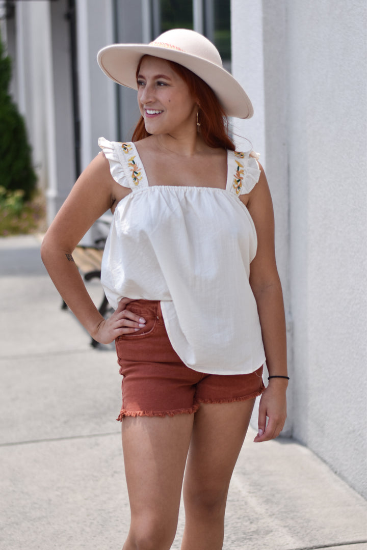 Janet Embroidered Ruffle Sleeve Tank