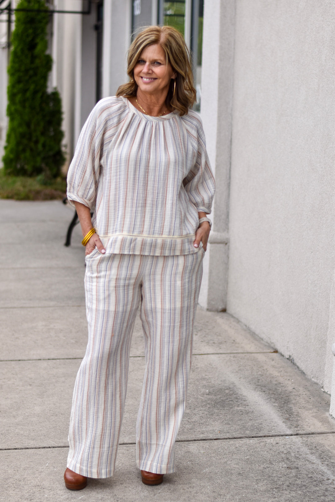 Sunset Stripes Cotton Gauze Wide-Leg Pants