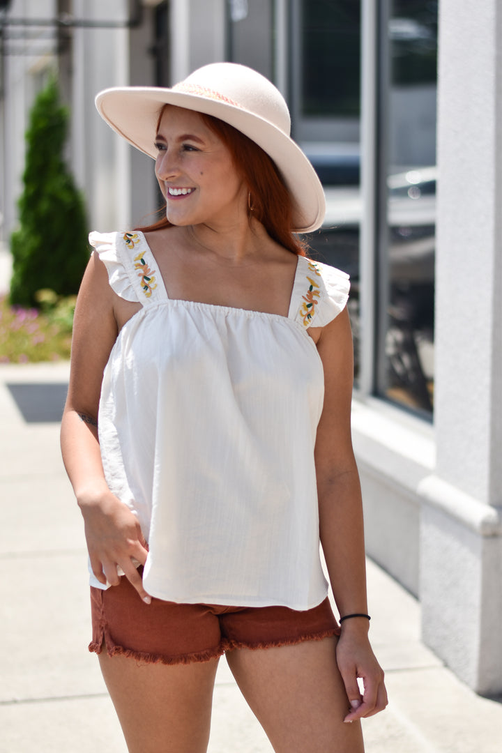 Janet Embroidered Ruffle Sleeve Tank