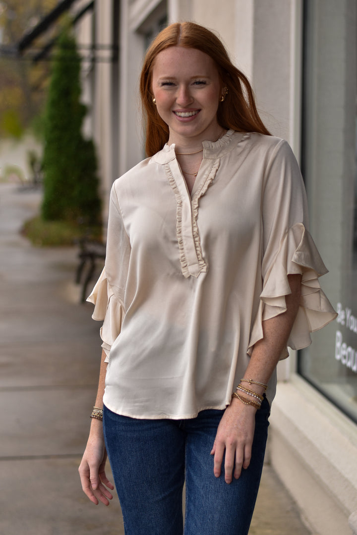 Satin Charm Bell Sleeve Top