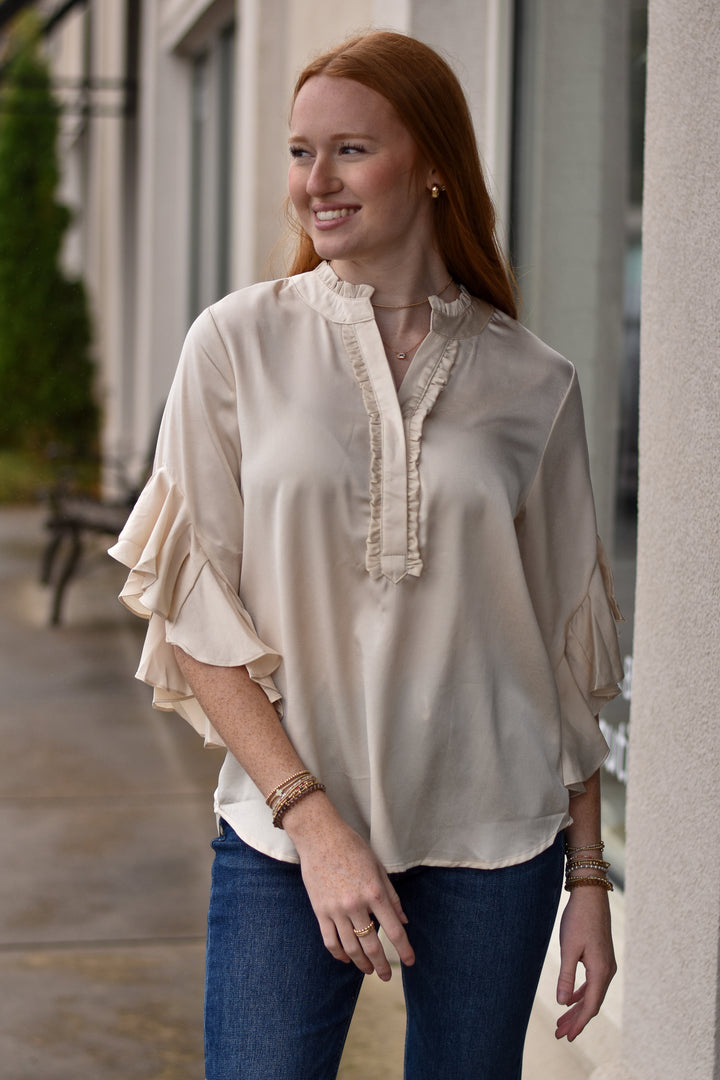 Satin Charm Bell Sleeve Top