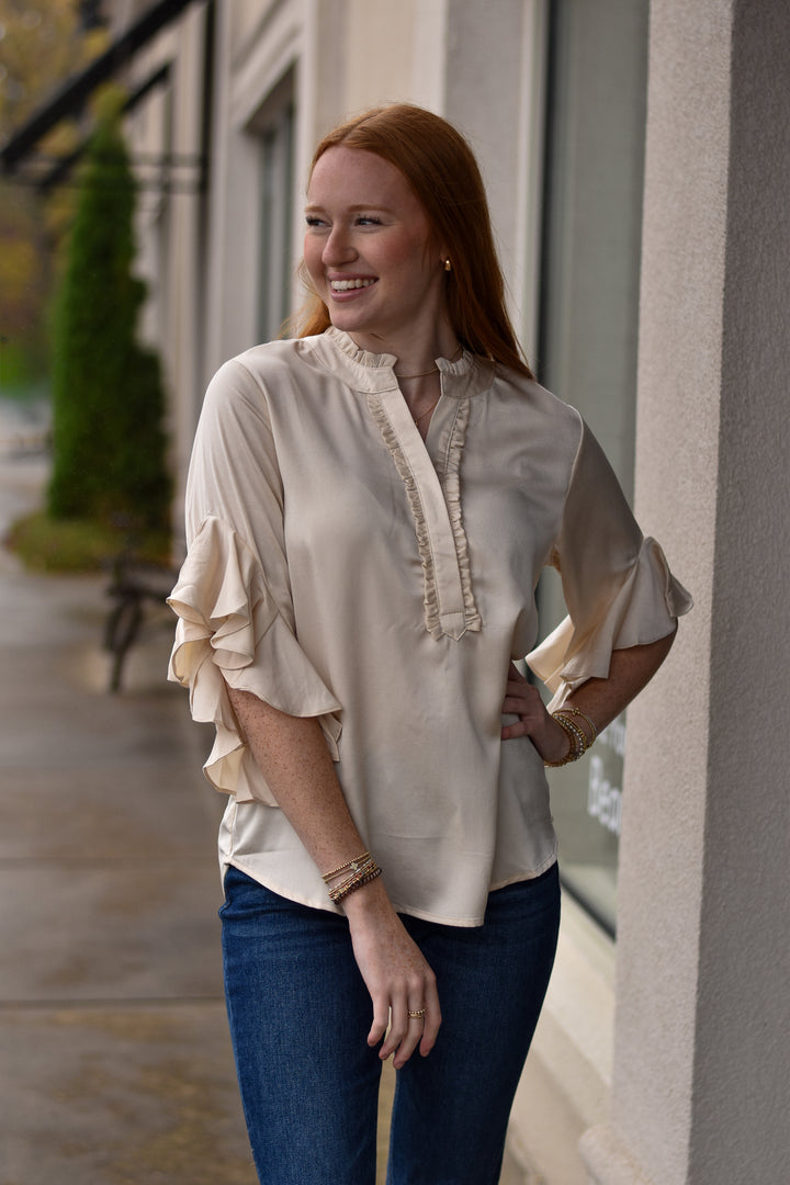 Satin Charm Bell Sleeve Top