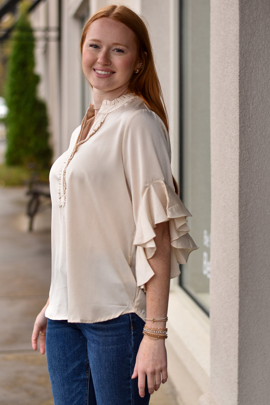 Satin Charm Bell Sleeve Top