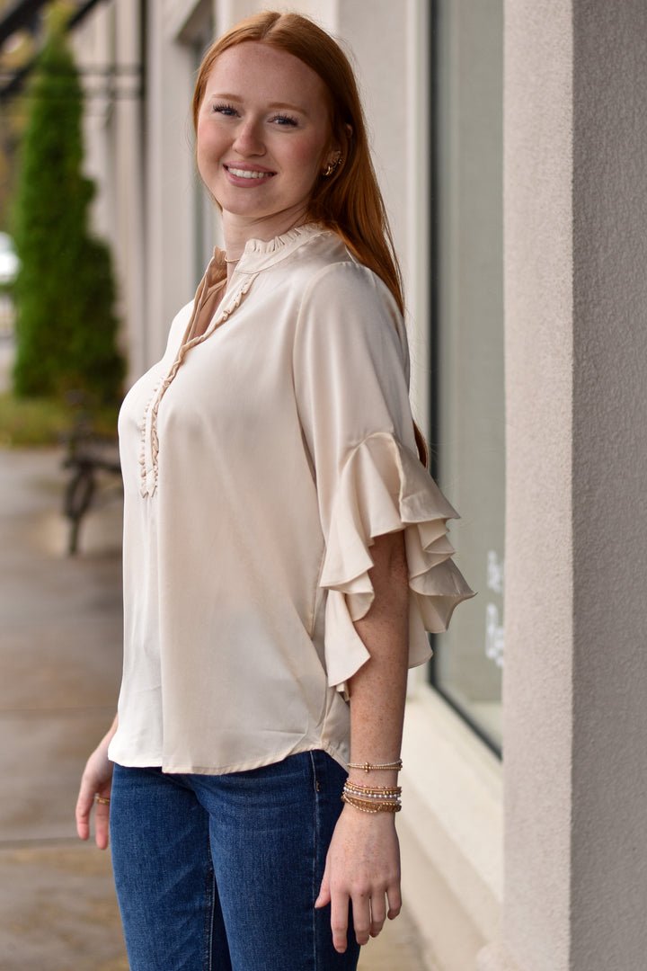 Satin Charm Bell Sleeve Top