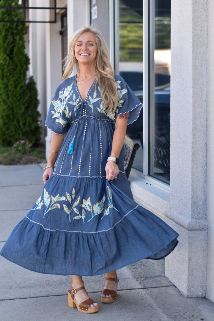 Pol Embroidered Cotton Denim Dress