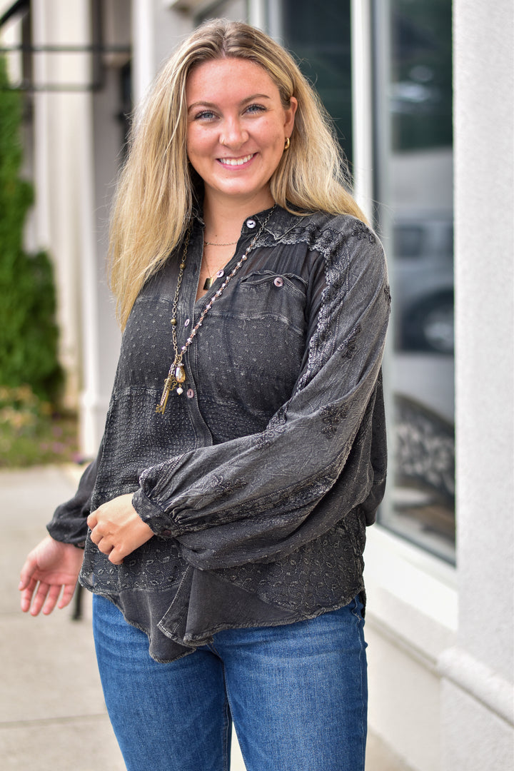 Embroidery Bishop Sleeve  Top