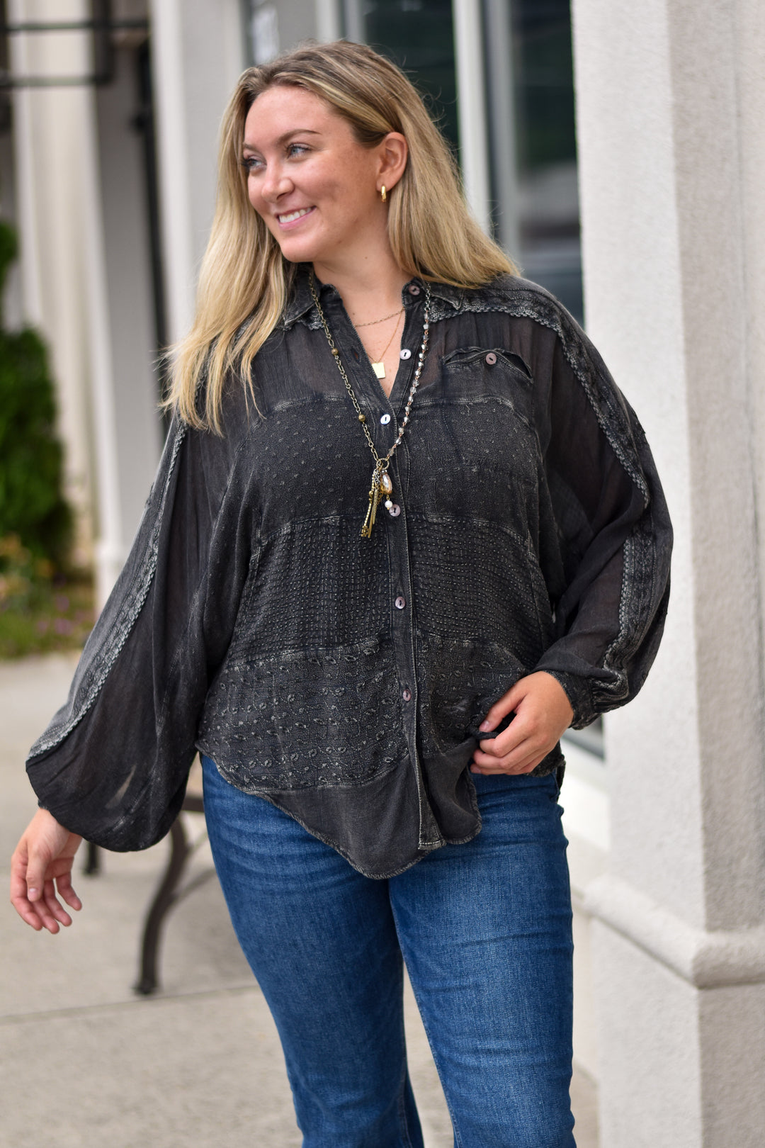 Embroidery Bishop Sleeve  Top