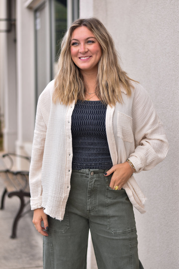 Gauze Button Up Fray Hem Top