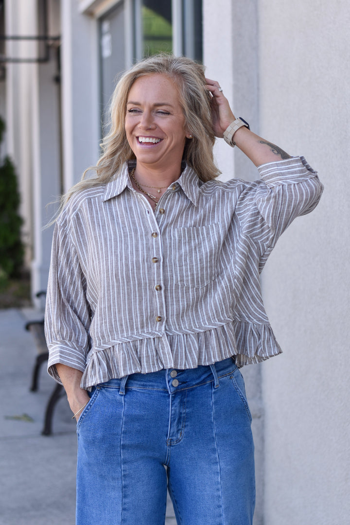 Weekend Stripe Ruffled Hem Shirt