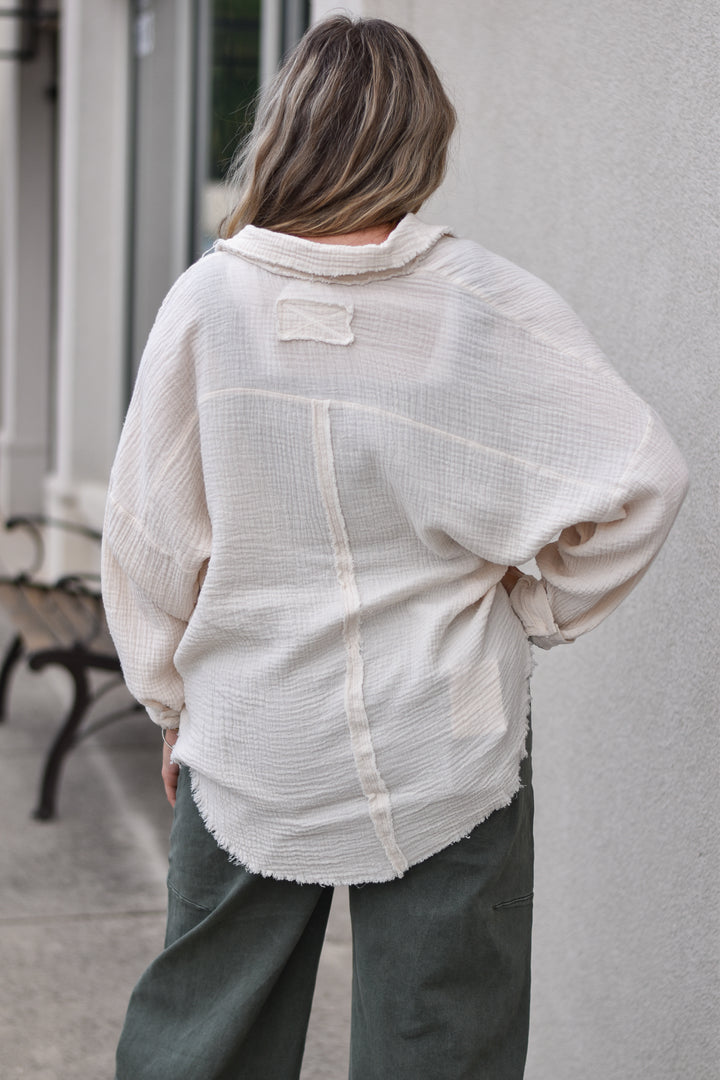 Gauze Button Up Fray Hem Top