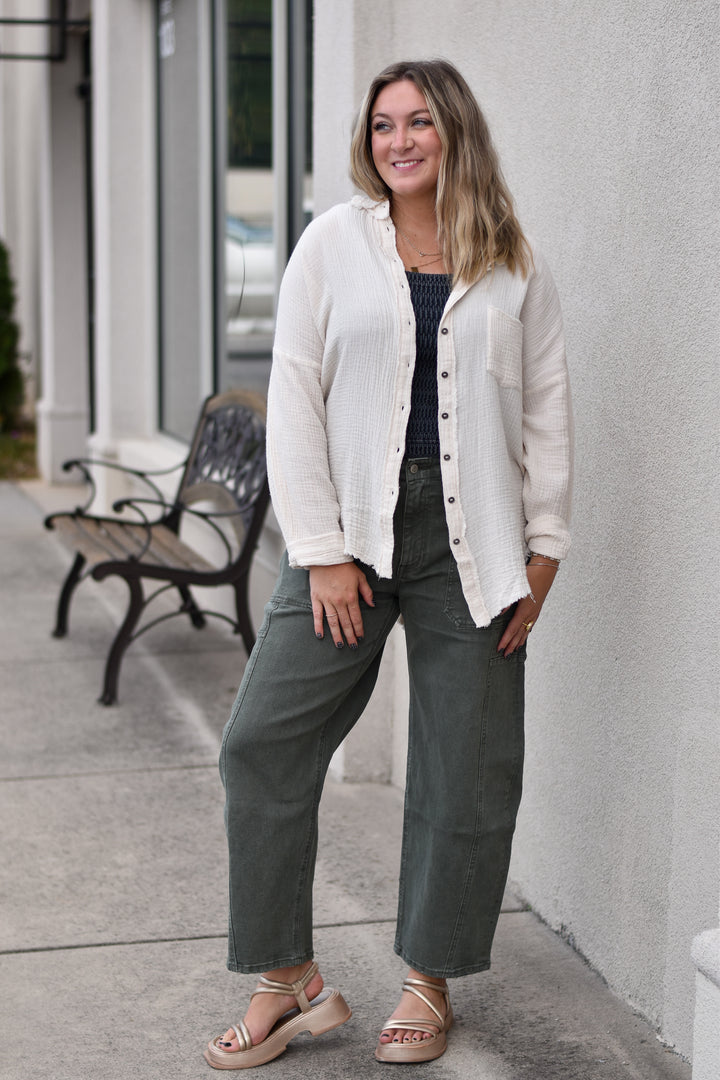 Gauze Button Up Fray Hem Top