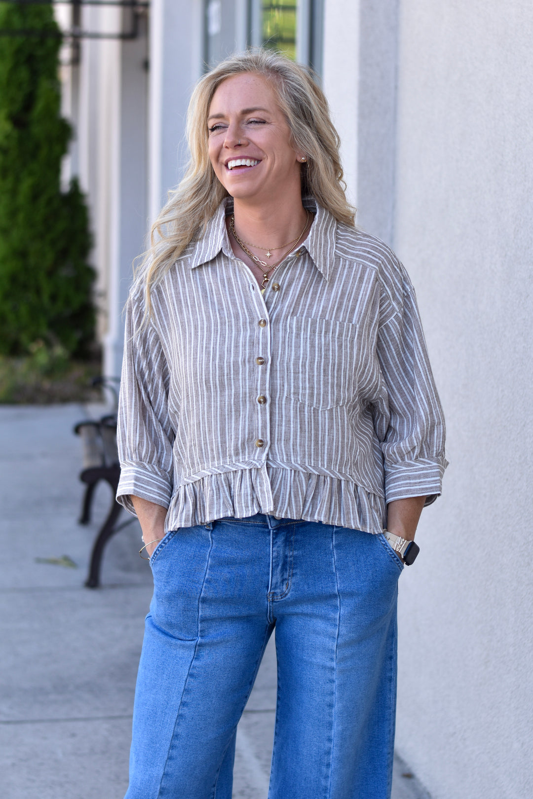 Weekend Stripe Ruffled Hem Shirt