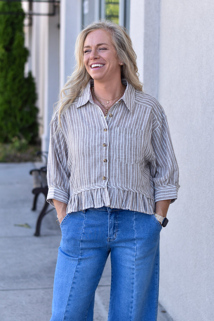 Weekend Stripe Ruffled Hem Shirt