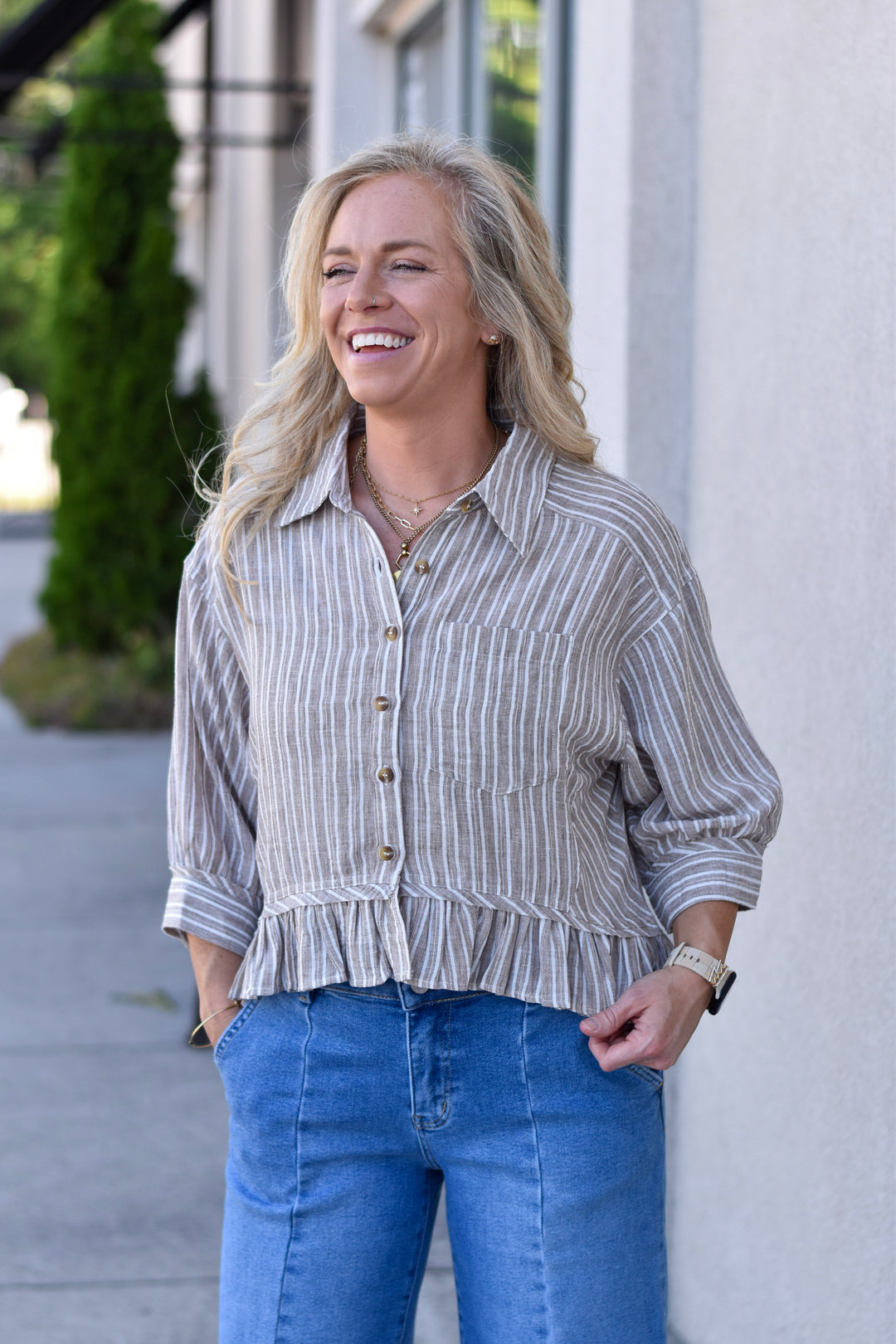 Weekend Stripe Ruffled Hem Shirt