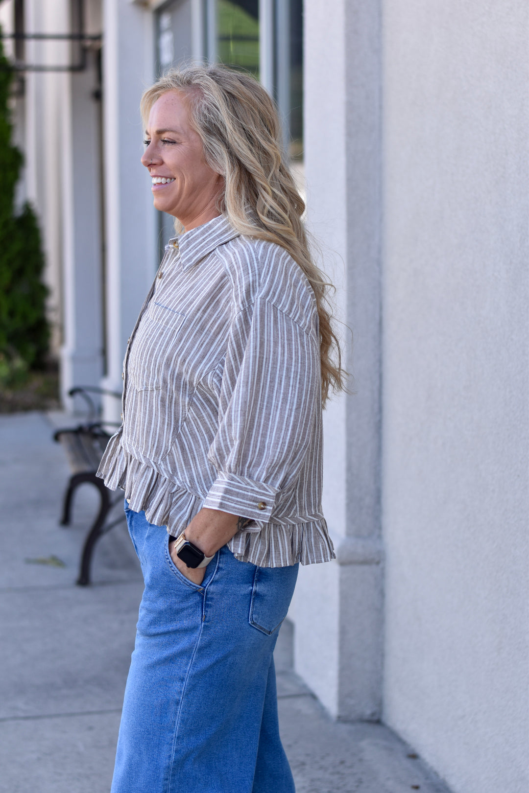 Weekend Stripe Ruffled Hem Shirt