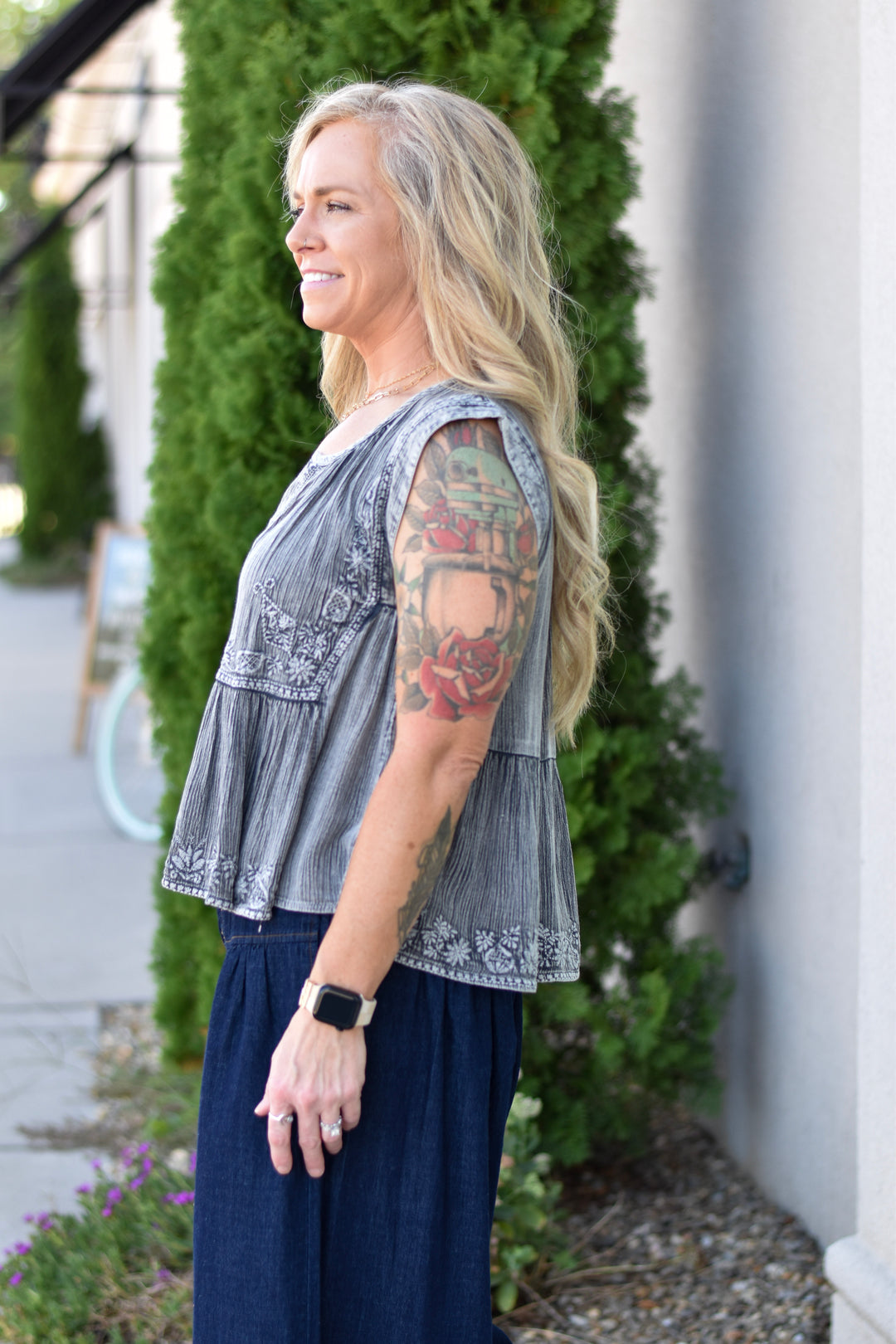 Pol Charcoal Embroidered Blouse