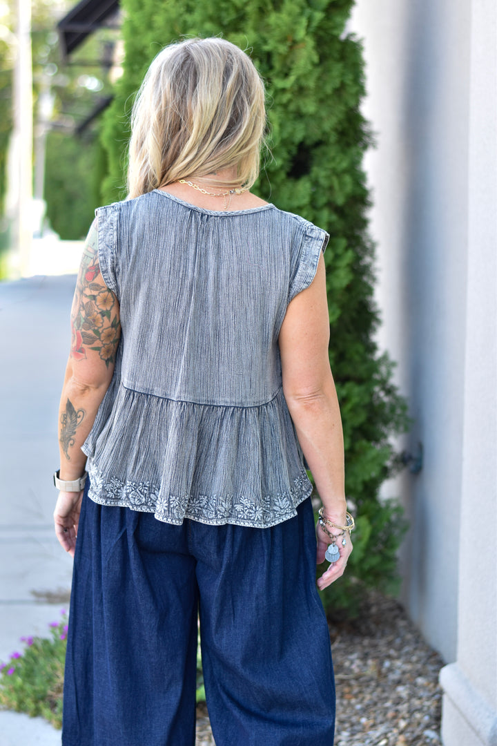Pol Charcoal Embroidered Blouse