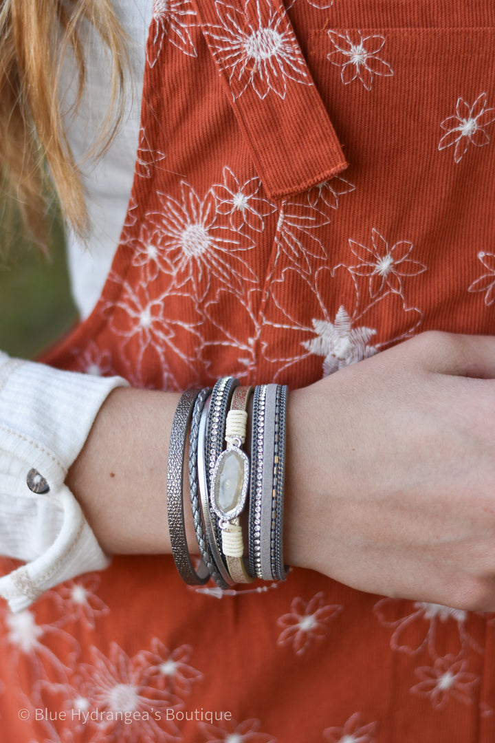 Multi Strand Gray Leather & Stone Bracelet