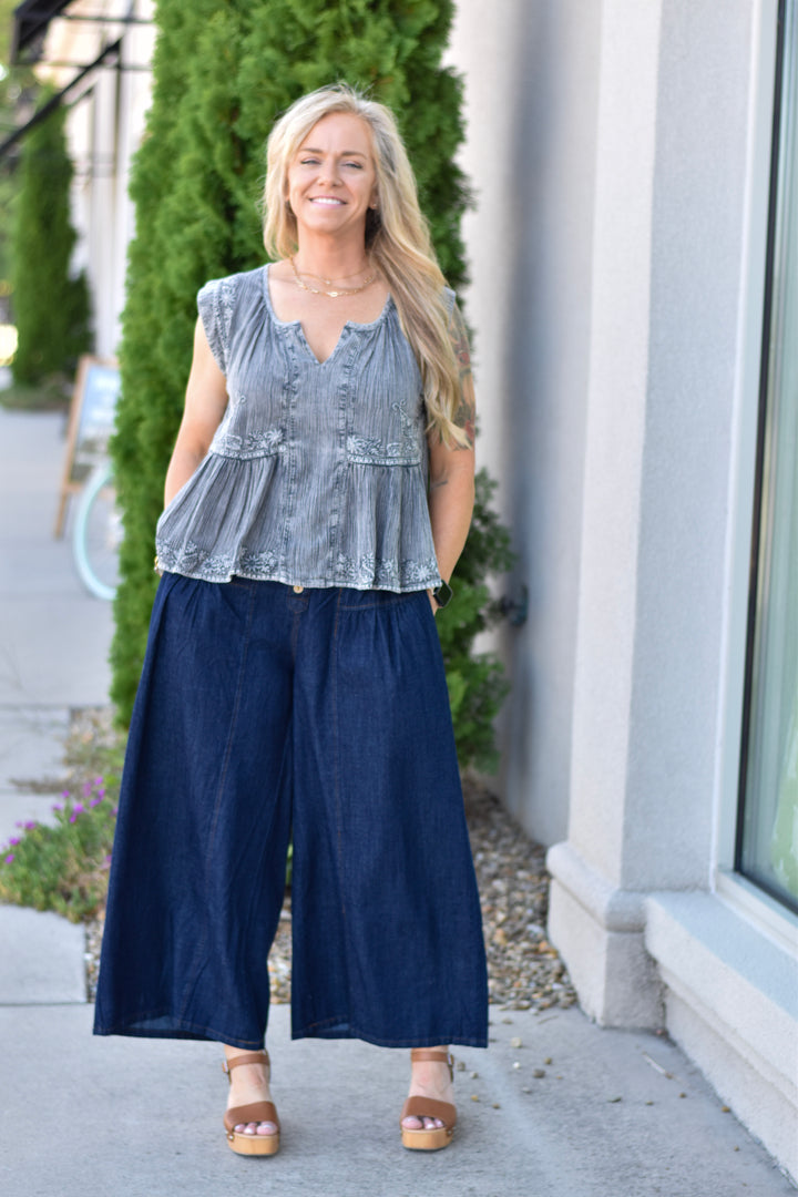 Pol Charcoal Embroidered Blouse