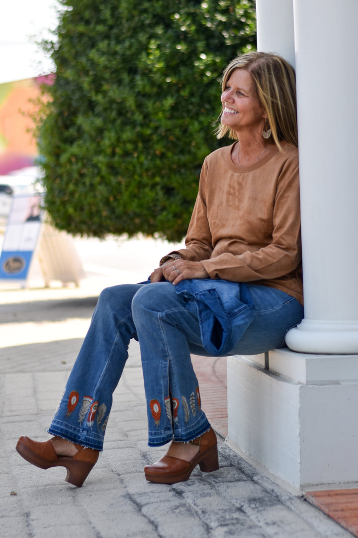 Feather Embroidered Flare Jeans