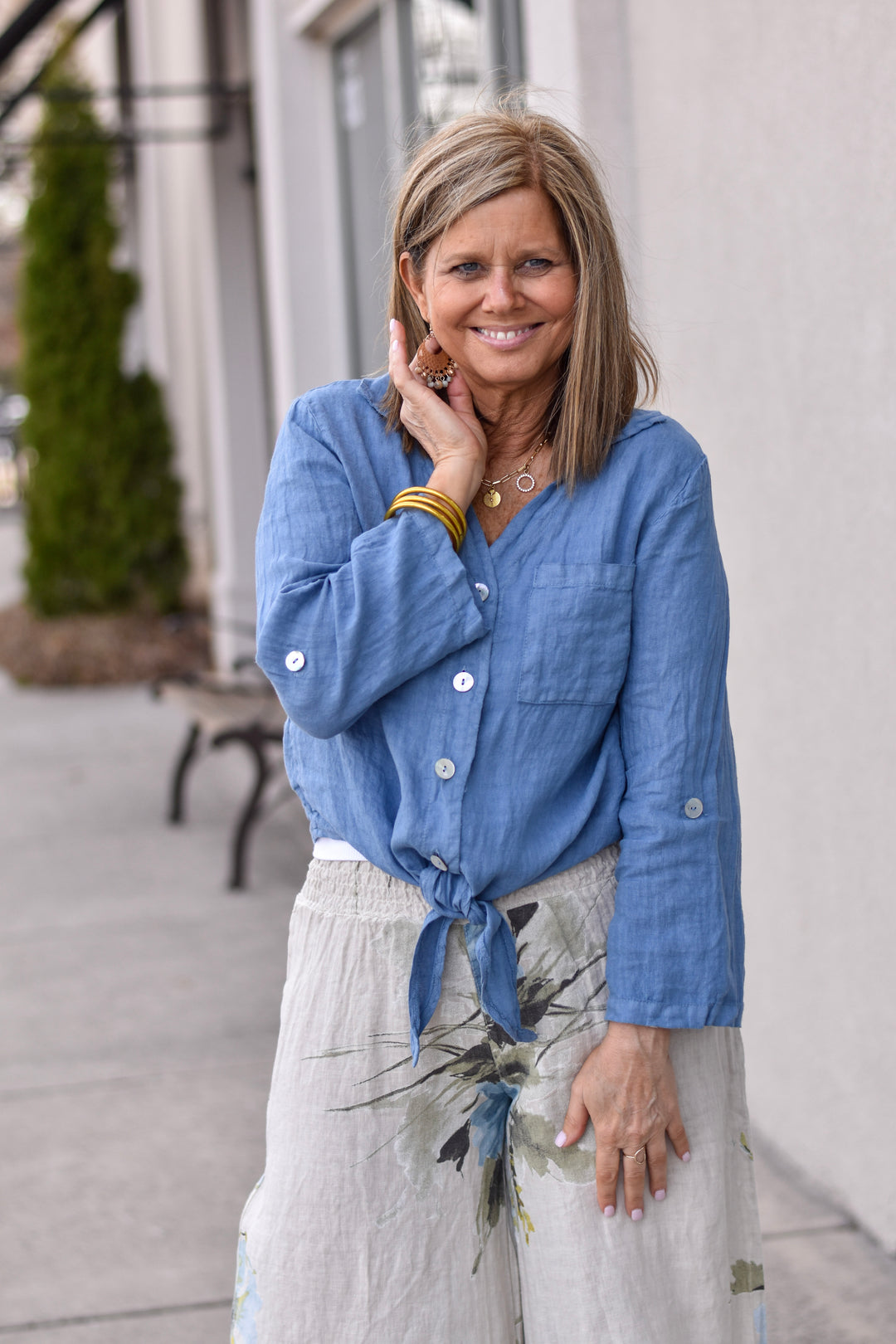 Tempo Paris Breezy Linen Tie Front Blouse