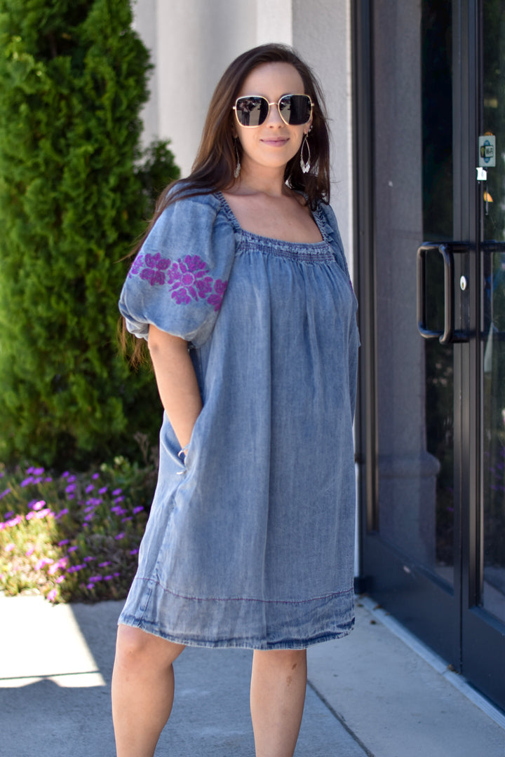 Easel's Embroidered Washed Denim Dress