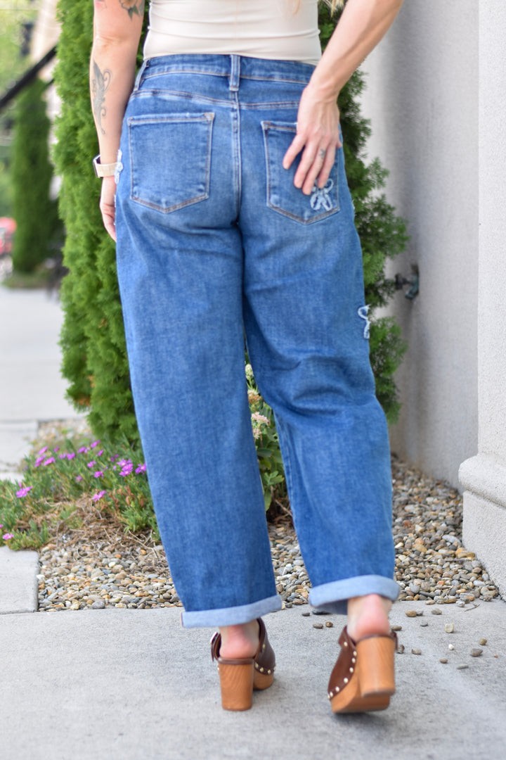 Risen Flower Patch Crop Barrel Jeans