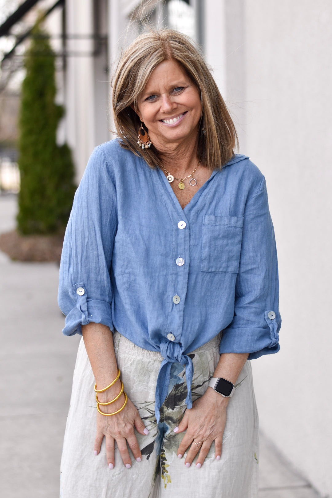 Tempo Paris Breezy Linen Tie Front Blouse