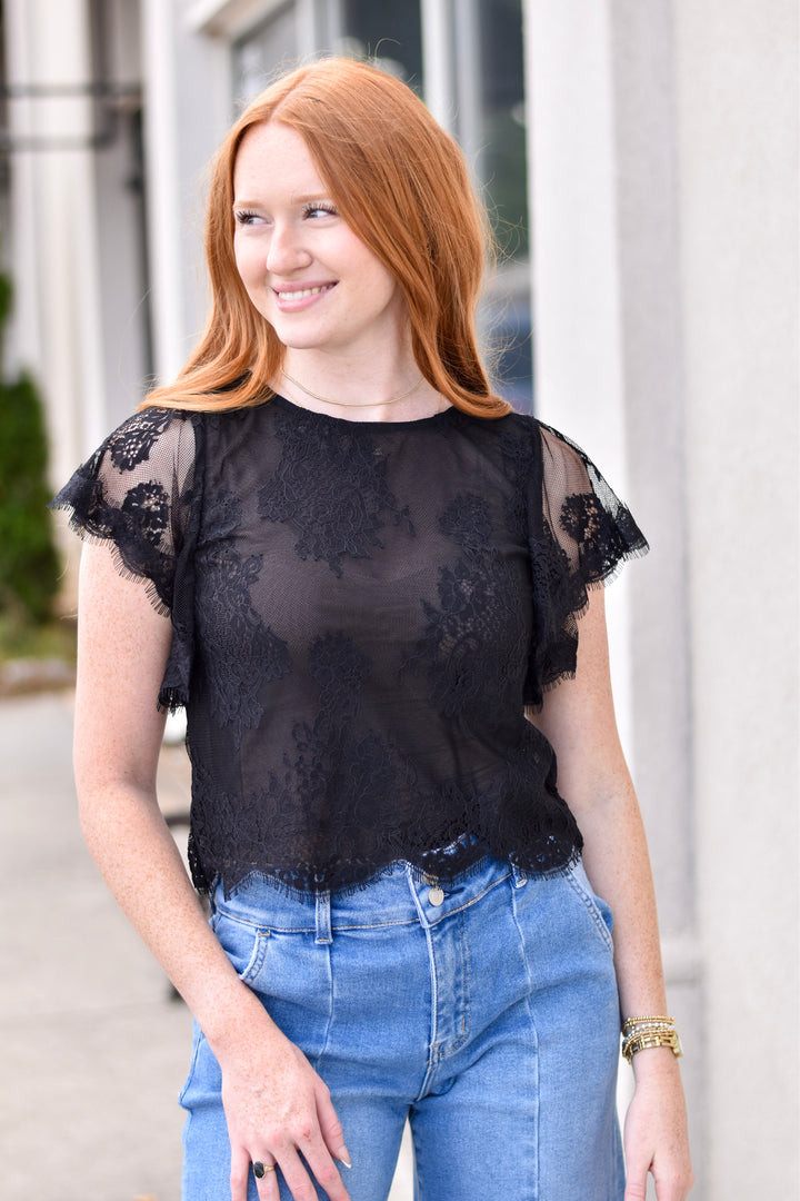 Lace Flutter Sleeves See-Through Top