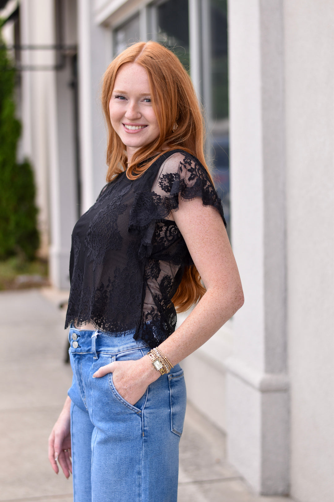 Lace Flutter Sleeves See-Through Top