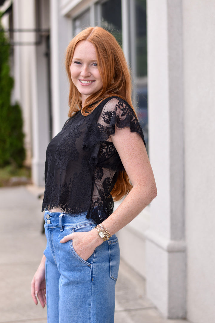 Lace Flutter Sleeves See-Through Top