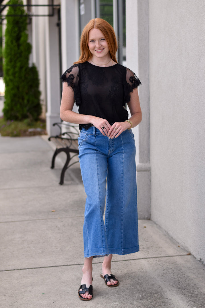 Lace Flutter Sleeves See-Through Top