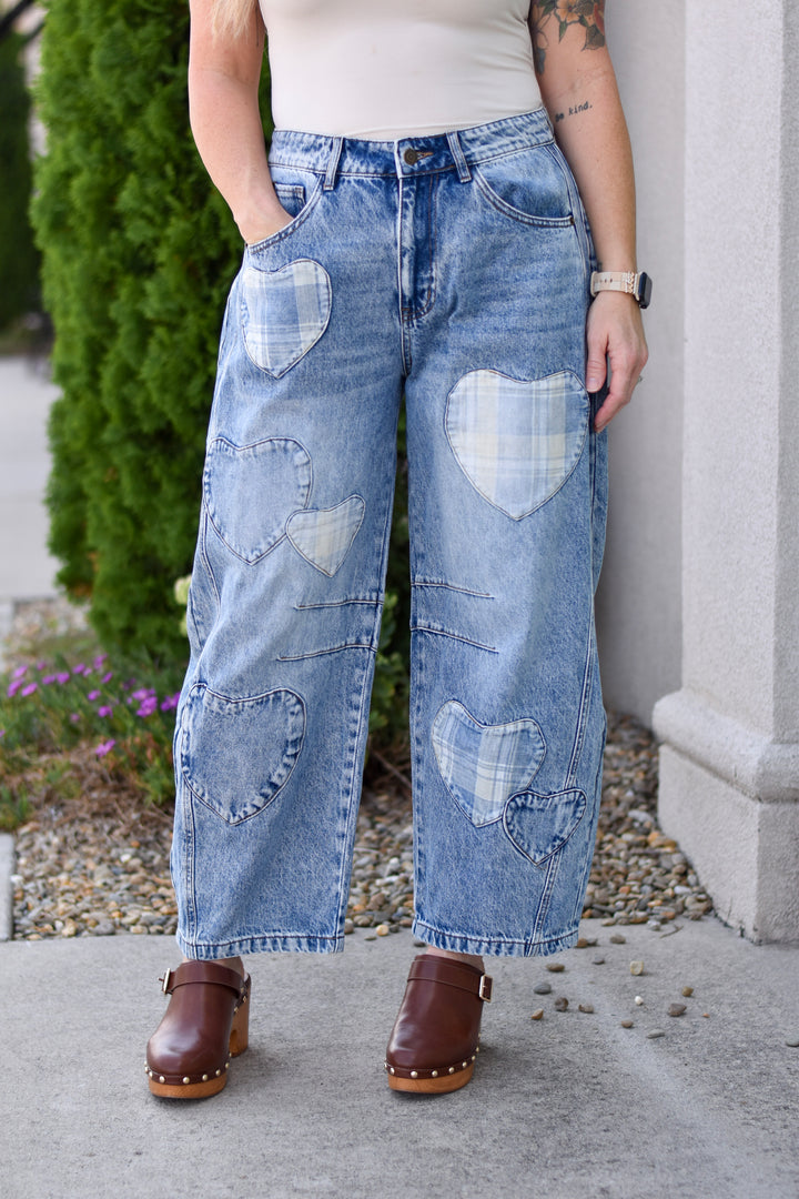 Sweetheart Plaid Patch Barrel Jeans