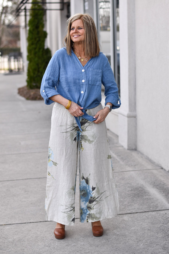 Tempo Paris Floral Linen Smocked Pants