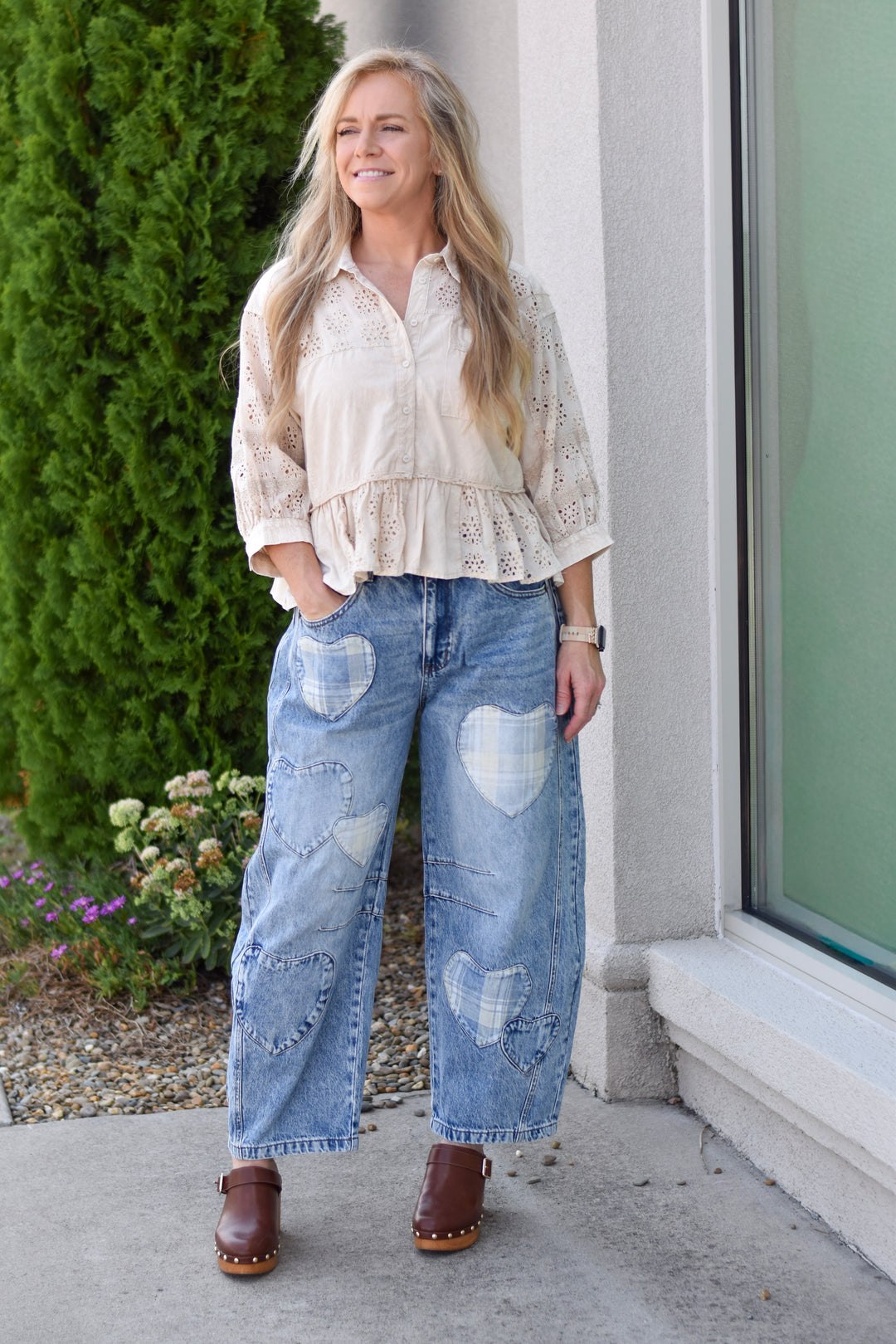 Sweetheart Plaid Patch Barrel Jeans