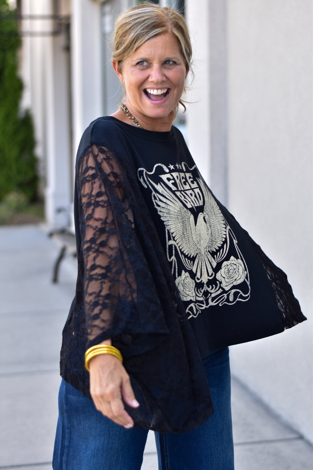 Free Bird Lace Graphic Kimono Top